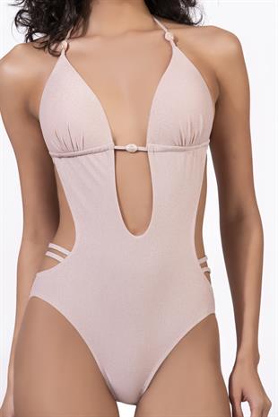 Endeep Kadın Yarım Dolgulu Boyundan Bağlamalı Aksesuarlı Simli Pembe Mayokini