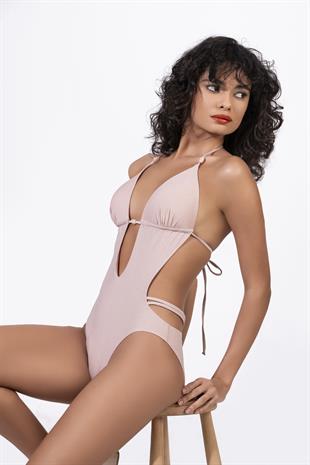 Endeep Kadın Yarım Dolgulu Boyundan Bağlamalı Aksesuarlı Simli Pembe Mayokini