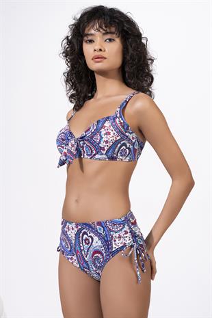 Endeep Kadın Büyük Beden Balenli Destekli Mavi Etnik Desenli Bikini Takımı