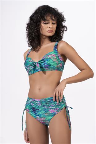 Endeep Kadın Büyük Beden Balenli Destekli Yeşil Mavi Desenli Bikini Takımı
