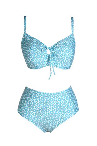 Endeep Kadın Balenli Destekli Büyük Beden Açık Mavi Yüksek Bel Bikini Takımı