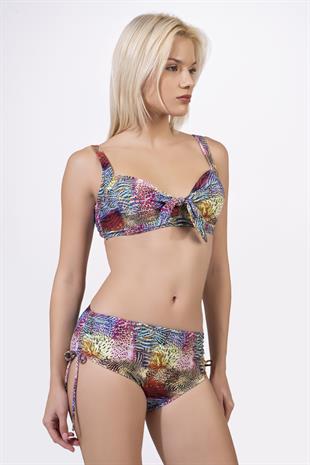 Endeep Kadın Büyük Beden Balenli Destekli Sarı Pembe Desenli Bikini Takımı