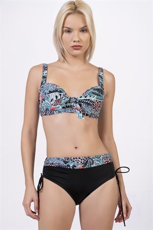 Endeep Kadın Büyük Beden Balenli Destekli Açık Mavi Desenli Bikini Takımı