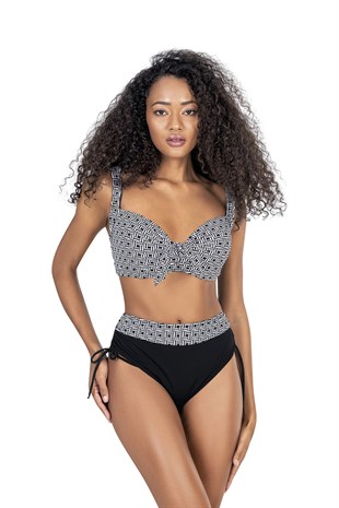 Endeep Kadın Büyük Beden Balenli Siyah Beyaz Desenli Bikini Takımı