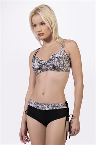 Endeep Kadın Büyük Beden Balenli Destekli Gri Siyah Desenli Bikini Takımı