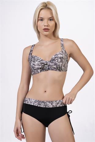 Endeep Kadın Büyük Beden Balenli Destekli Gri Siyah Desenli Bikini Takımı