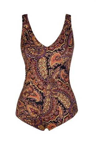 Endeep Beria Kadın Büyük Beden Kuplu Şal Desenli Kahverengi Toparlayıcı Mayo