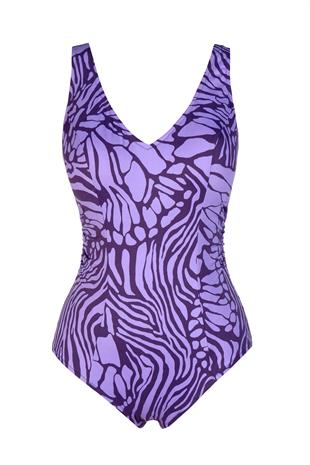 Endeep Beria Kadın Büyük Beden Kuplu Mor Desenli Toparlayıcı Mayo