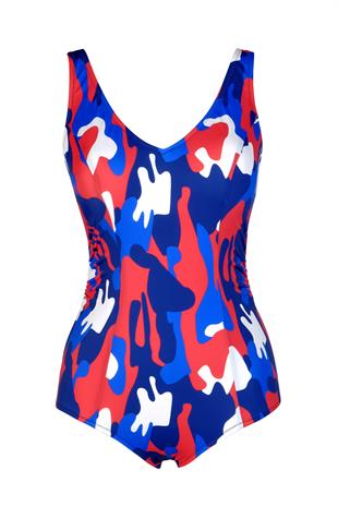 Endeep Beria Kadın Büyük Beden Kırmızı Mavi Desenli Toparlayıcı Mayo