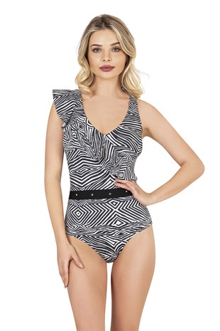 Endeep Kadın Volan Detaylı Zebra Desenli Mayo