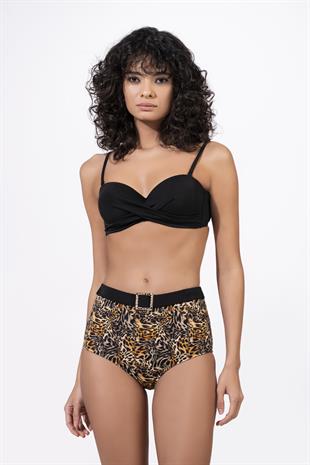 Endeep Kadın Leopar Desenli Aksesuarlı Yüksek Bel Bikini Takımı
