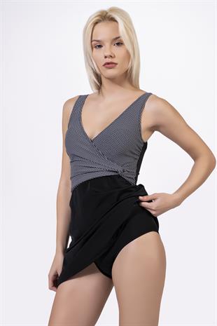 Endeep Kadın Kruvaze Yaka Puantiye Desenli Siyah Elbise Etekli Mayo