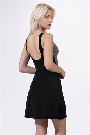 Endeep Kadın Kruvaze Yaka Puantiye Desenli Siyah Elbise Etekli Mayo