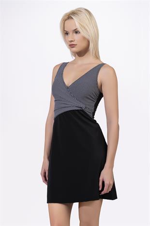 Endeep Kadın Kruvaze Yaka Puantiye Desenli Siyah Elbise Etekli Mayo