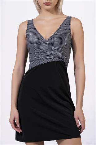 Endeep Kadın Kruvaze Yaka Puantiye Desenli Siyah Elbise Etekli Mayo