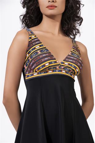 Endeep Kadın Etnik Desenli Özel Dokulu Kumaşlı Etekli Elbise Mayo