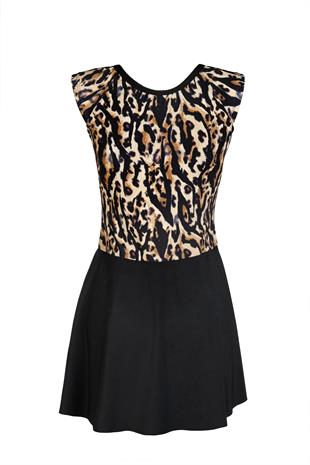 Beria Kadın Yarı Kapalı Şortlu Leopar Desenli Etekli Elbise Mayo