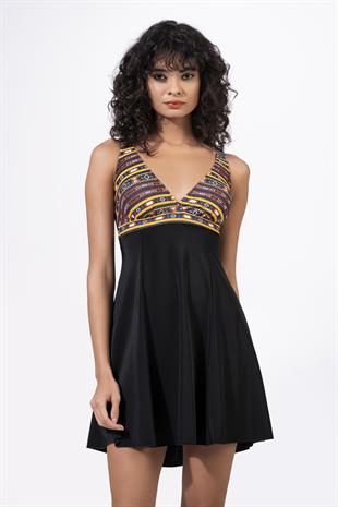 Endeep Kadın Etnik Desenli Özel Dokulu Kumaşlı Etekli Elbise Mayo