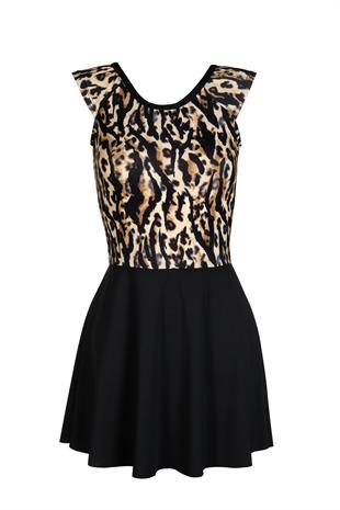 Beria Kadın Yarı Kapalı Şortlu Leopar Desenli Etekli Elbise Mayo