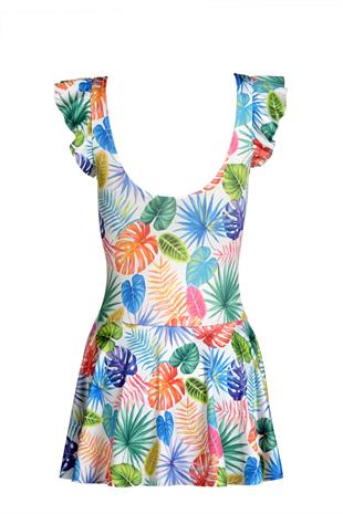 Beria Kadın Fırfır Detaylı Yaprak Desenli Etekli Elbise Mayo