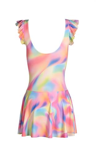 Beria Kadın Fırfır Detaylı Pembe Desenli Etekli Elbise Mayo