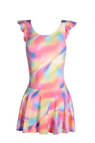 Beria Kadın Fırfır Detaylı Pembe Desenli Etekli Elbise Mayo