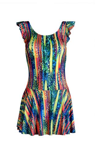 Beria Kadın Fırfır Detaylı Çizgi Desenli Etekli Elbise Mayo