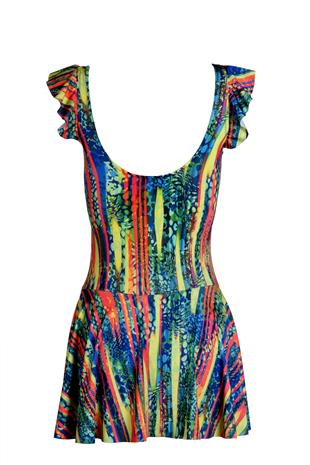 Beria Kadın Fırfır Detaylı Çizgi Desenli Etekli Elbise Mayo