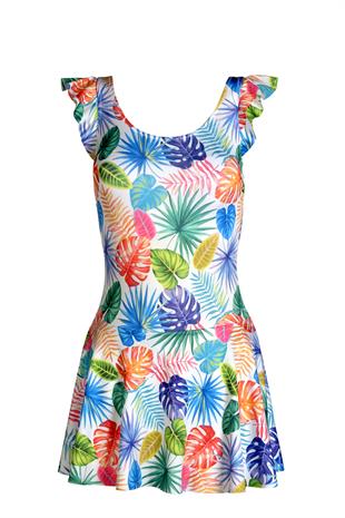 Beria Kadın Fırfır Detaylı Yaprak Desenli Etekli Elbise Mayo