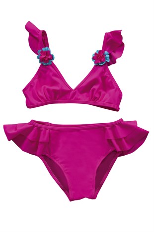 Endeep Kız Çocuk Fuşya Aksesuar Detaylı Volanlı Bikini Takımı