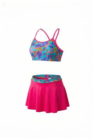 Endeep Kız Çocuk Pembe Bustiyer Etekli İki Parça Desenli Desenli Mayo Bikini Takımı