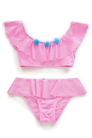 Endeep Kız Çocuk Volanlı Aksesuarlı Açık Pembe Bikini Takımı