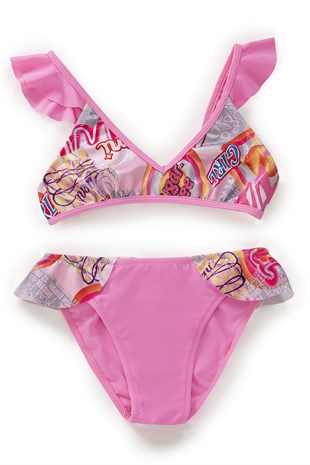 Endeep Kız Çocuk Parlak Desenli Volanlı Bikini Takımı