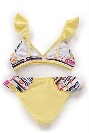 Endeep Kız Çocuk Desenli Volanlı Açık Sarı Bikini Takımı