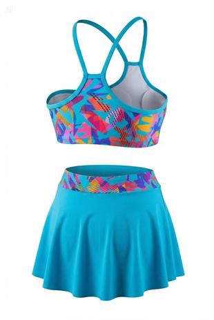 Endeep Kız Çocuk Açık Mavi Bustiyer Etekli İki Parça Desenli Desenli Mayo Bikini Takımı