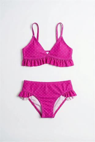 Endeep Kız Çocuk Pembe Fırfırlı Puantiye Desenli Mayo Bikini Takımı