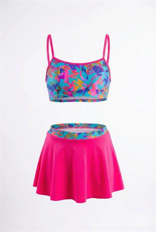 Endeep Kız Çocuk Pembe Bustiyer Etekli İki Parça Desenli Desenli Mayo Bikini Takımı