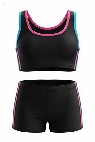 Endeep Kız Çocuk Siyah-Pembe Bustiyer Şortlu Yüzücü Mayo Bikini Takımı