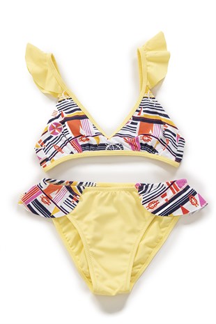 Endeep Kız Çocuk Desenli Volanlı Açık Sarı Bikini Takımı