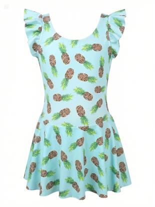 Endeep Kız Çocuk Fırfır Detaylı Açık Mavi Desenli Etekli Elbise Mayo