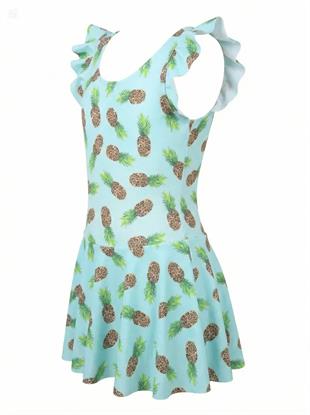 Endeep Kız Çocuk Fırfır Detaylı Açık Mavi Desenli Etekli Elbise Mayo