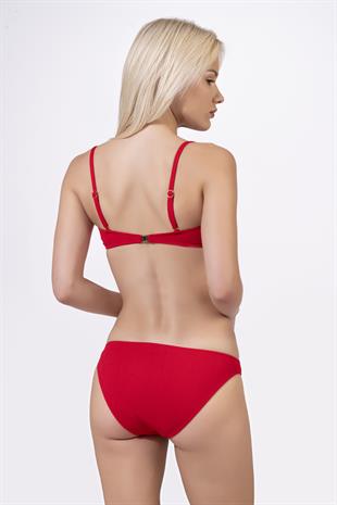 Endeep Kadın Aksesuarlı Dokulu Kumaş Kırmızı Straplez Bikini Takımı