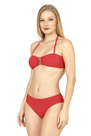 Endeep Kadın U Aksesuarlı Nar Çiçeği Dokulu Straplez Bikini Takımı