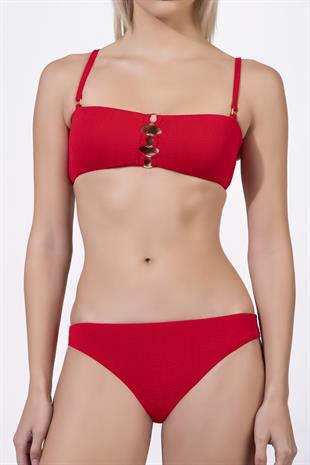 Endeep Kadın Aksesuarlı Dokulu Kumaş Kırmızı Straplez Bikini Takımı