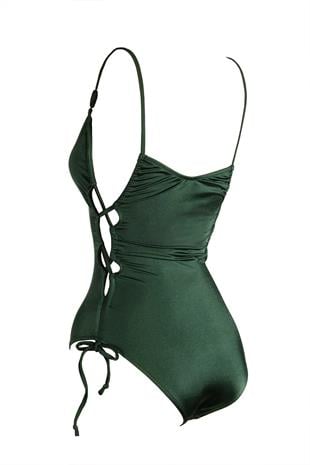 Endeep Kadın Tünelli Aksesuarlı İnce Askılı Yeşil Mayo