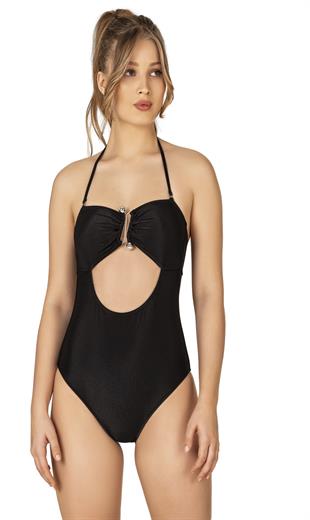 Endeep Kadın Aksesuarlı Fitilli Straplez Siyah Mayo