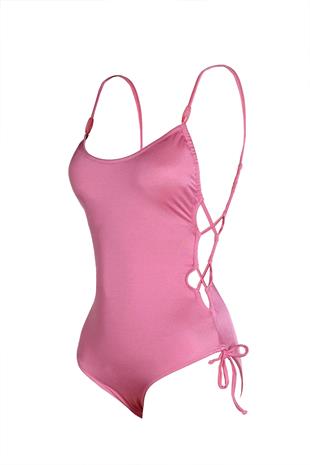 Endeep Kadın Tünelli Aksesuarlı İnce Askılı Pembe Mayo