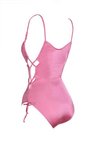 Endeep Kadın Tünelli Aksesuarlı İnce Askılı Pembe Mayo