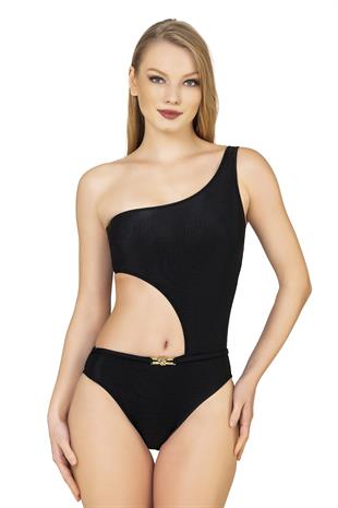 Endeep Kadın Aksesuarlı Dokulu Siyah Mayokini