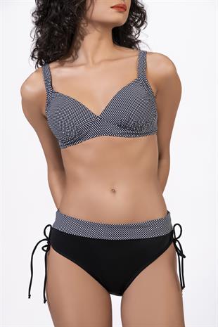Endeep Kadın Puantiye Desenli Bağcık Detaylı Toparlayıcı Siyah Bikini Takımı